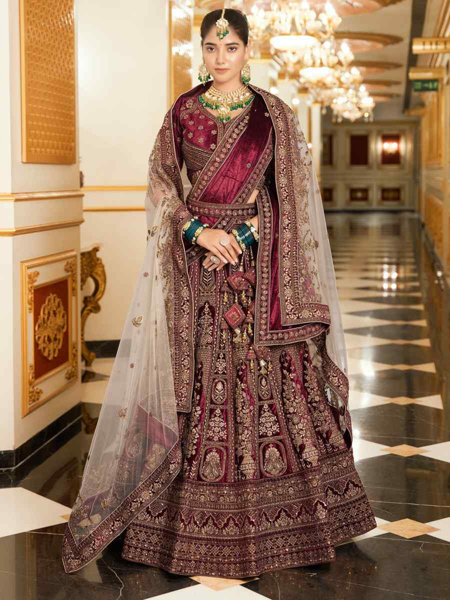 Wine Premium Lycra Velvet Embroidered Wedding Bridal Heavy Border Lehenga Choli