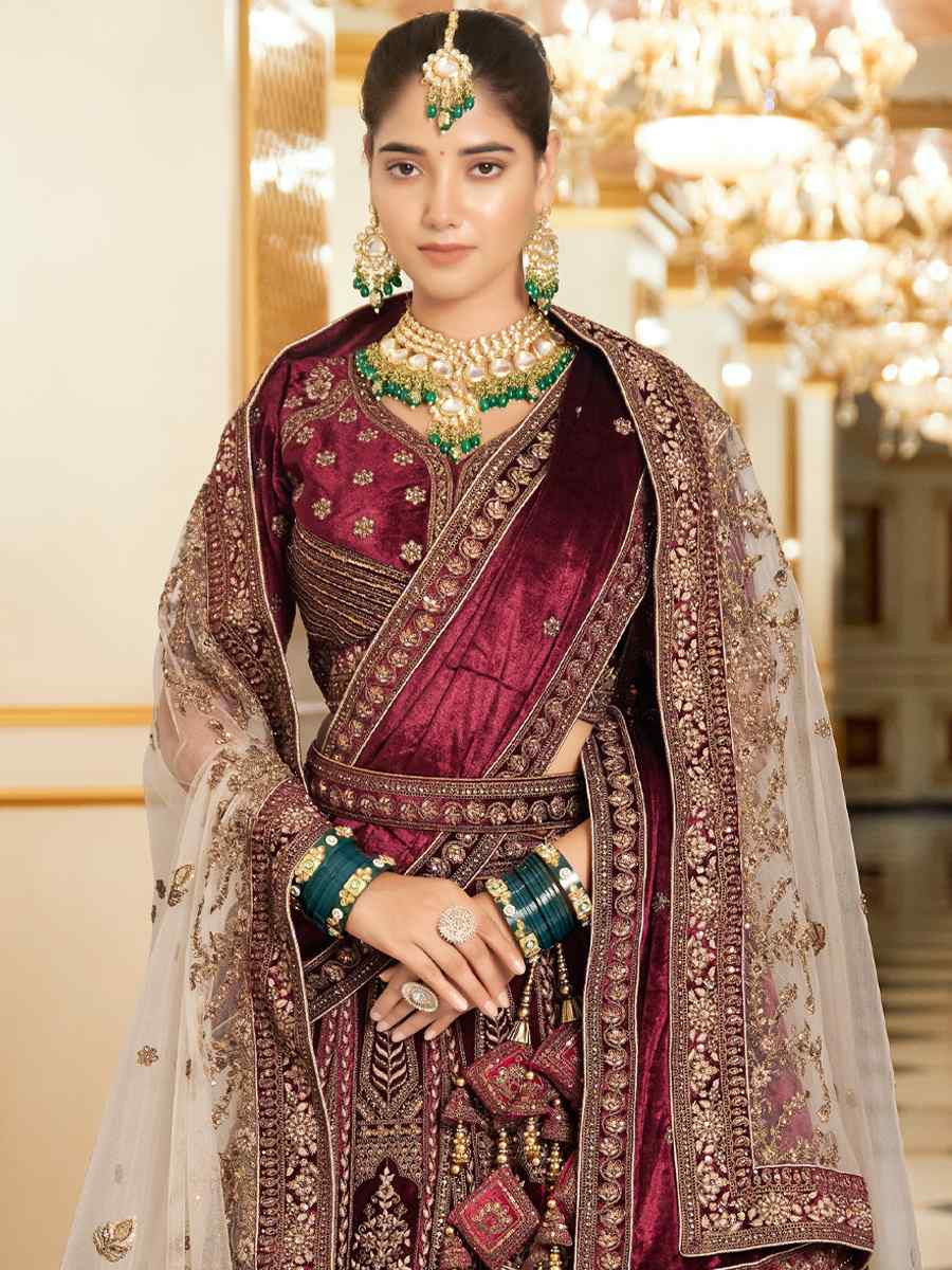 Wine Premium Lycra Velvet Embroidered Wedding Bridal Heavy Border Lehenga Choli