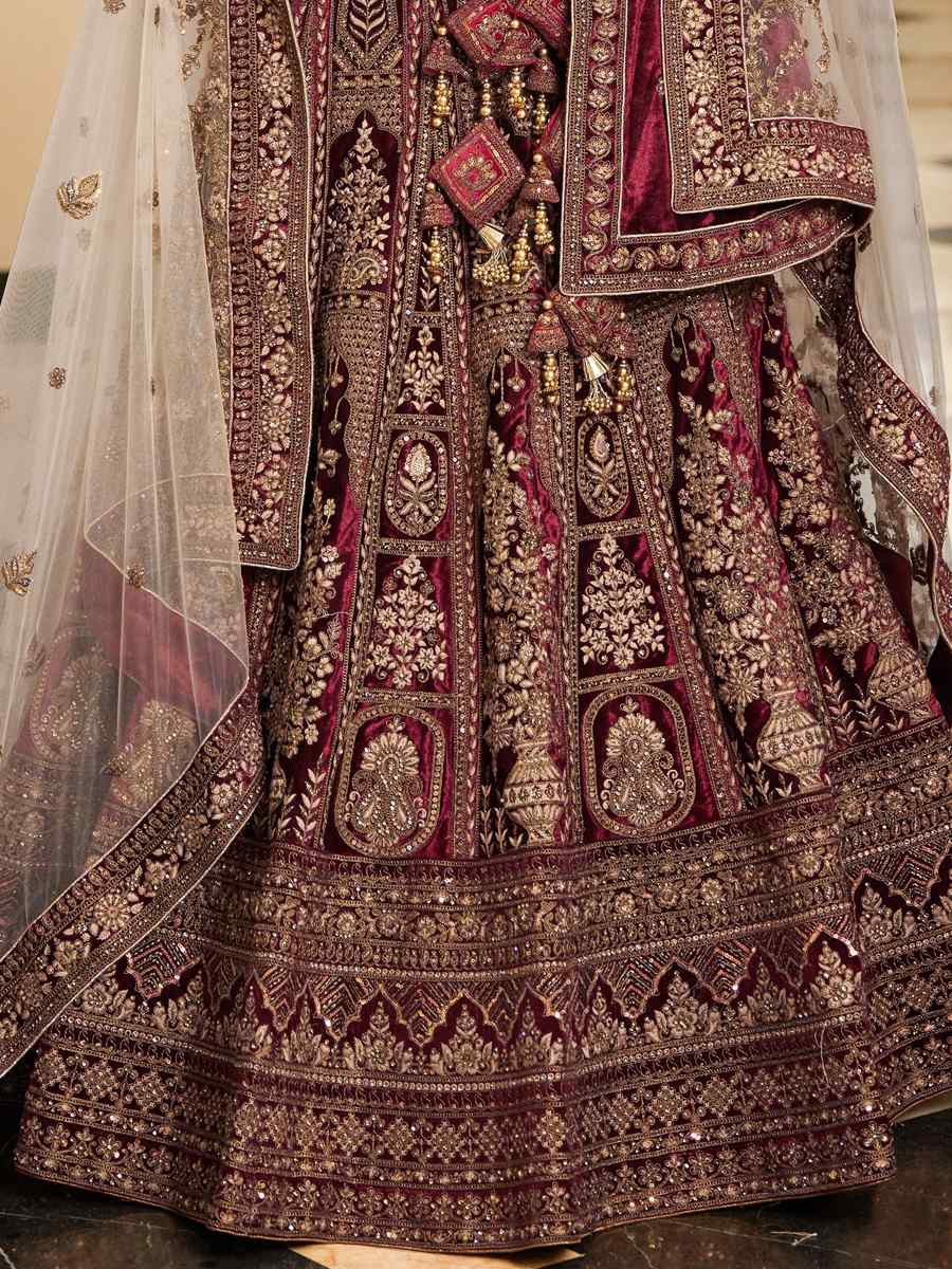 Wine Premium Lycra Velvet Embroidered Wedding Bridal Heavy Border Lehenga Choli