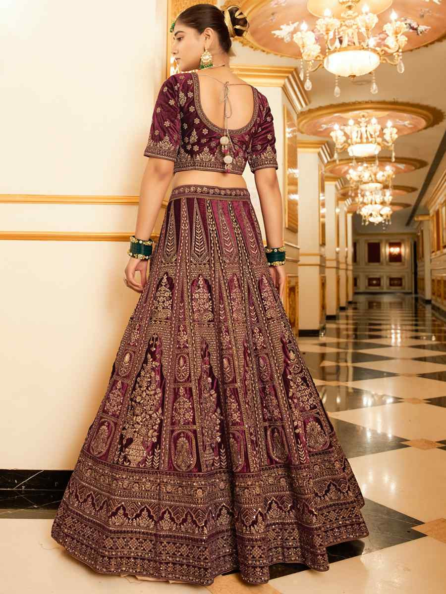 Wine Premium Lycra Velvet Embroidered Wedding Bridal Heavy Border Lehenga Choli