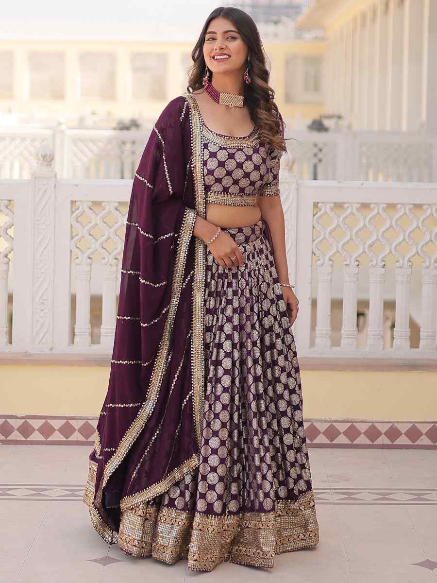 Wine Pure Dyable Viscose Jacquard Embroidered Festival Wedding Circular Lehenga Choli