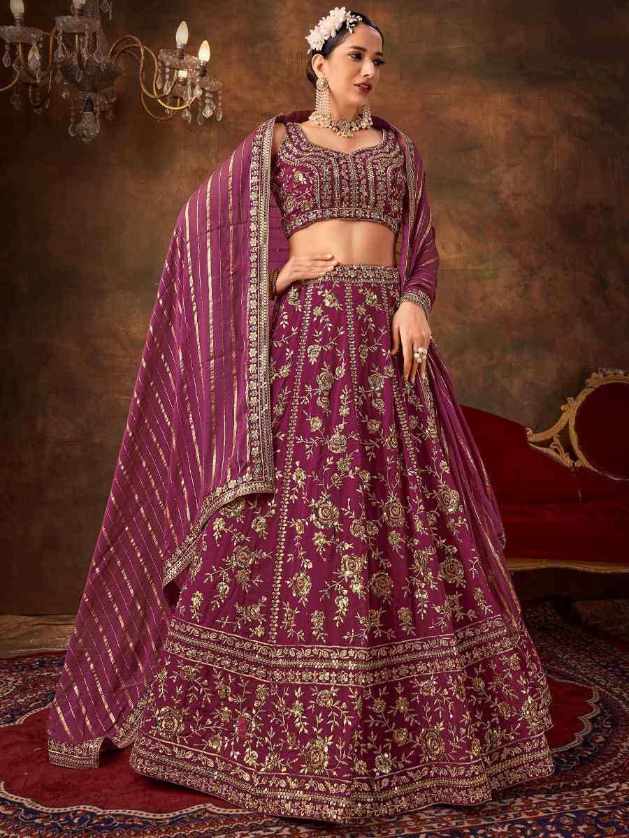 Wine Pure Georgette Embroidered Bridesmaid Wedding Heavy Border Lehenga Choli