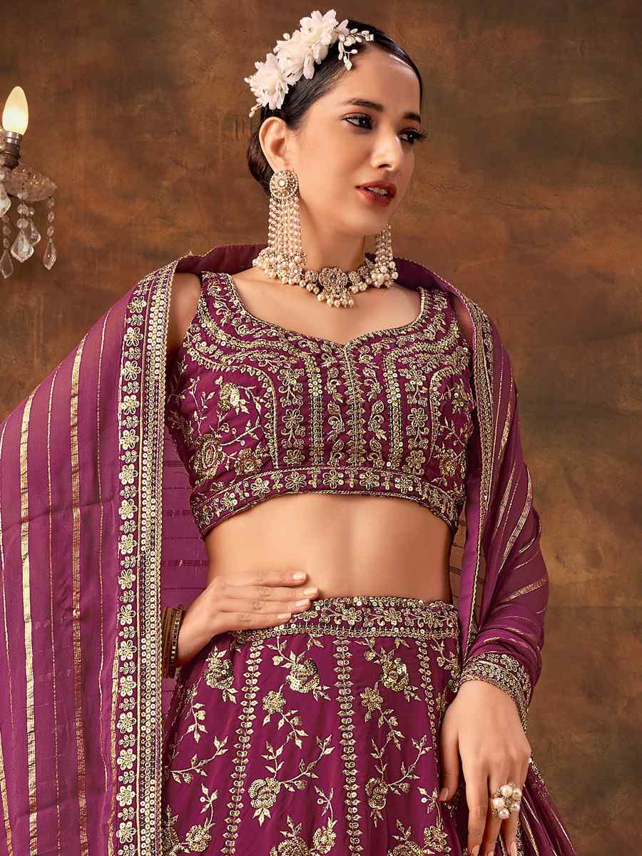 Wine Pure Georgette Embroidered Bridesmaid Wedding Heavy Border Lehenga Choli