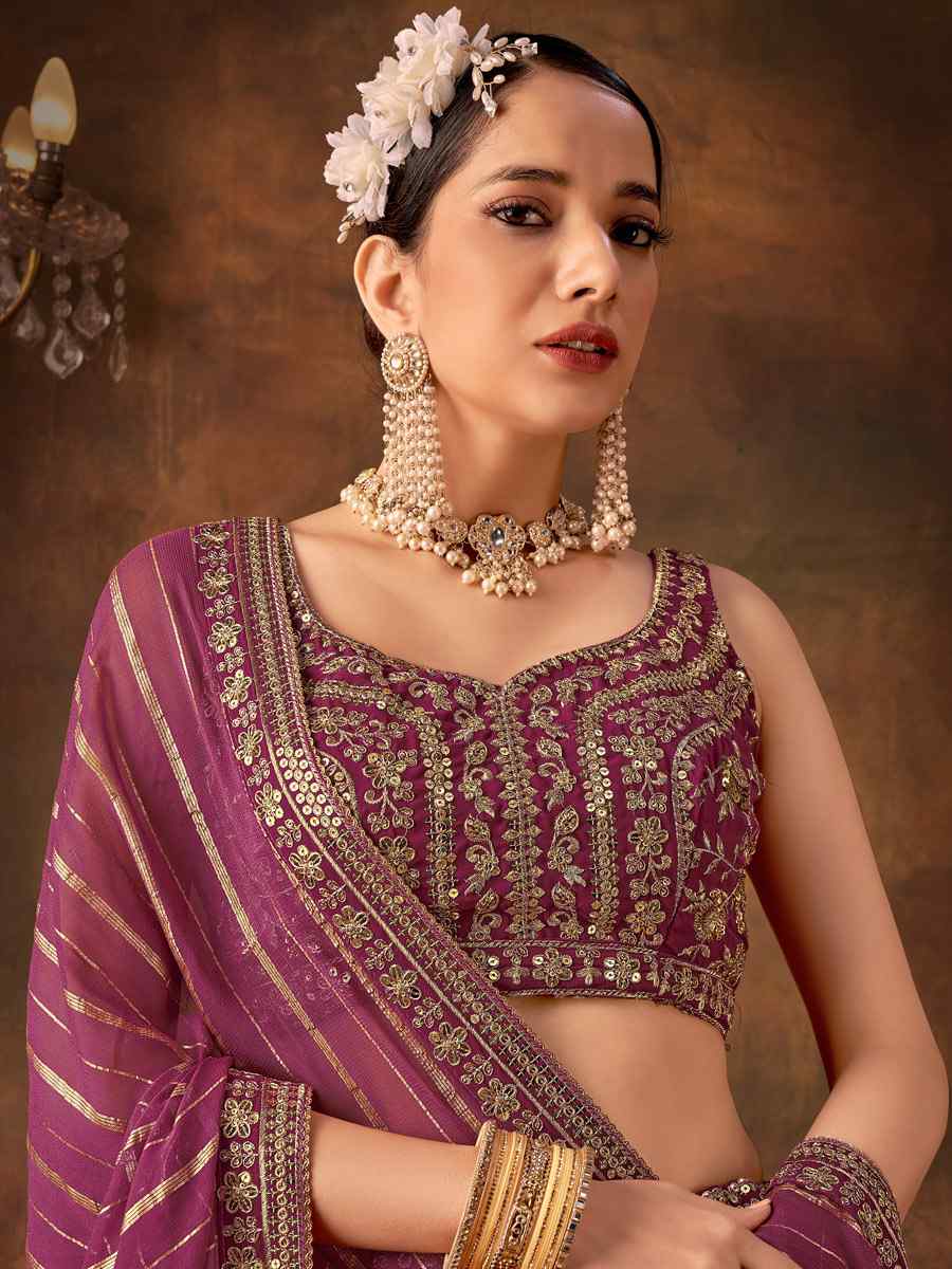 Wine Pure Georgette Embroidered Bridesmaid Wedding Heavy Border Lehenga Choli