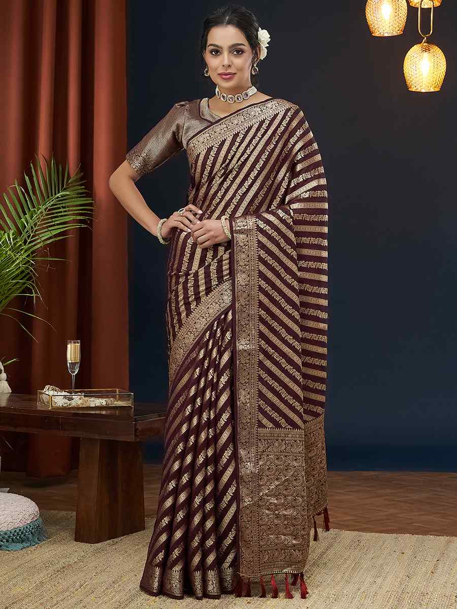 Wine Pure Georgette Handwoven Festival Wedding Heavy Border Saree