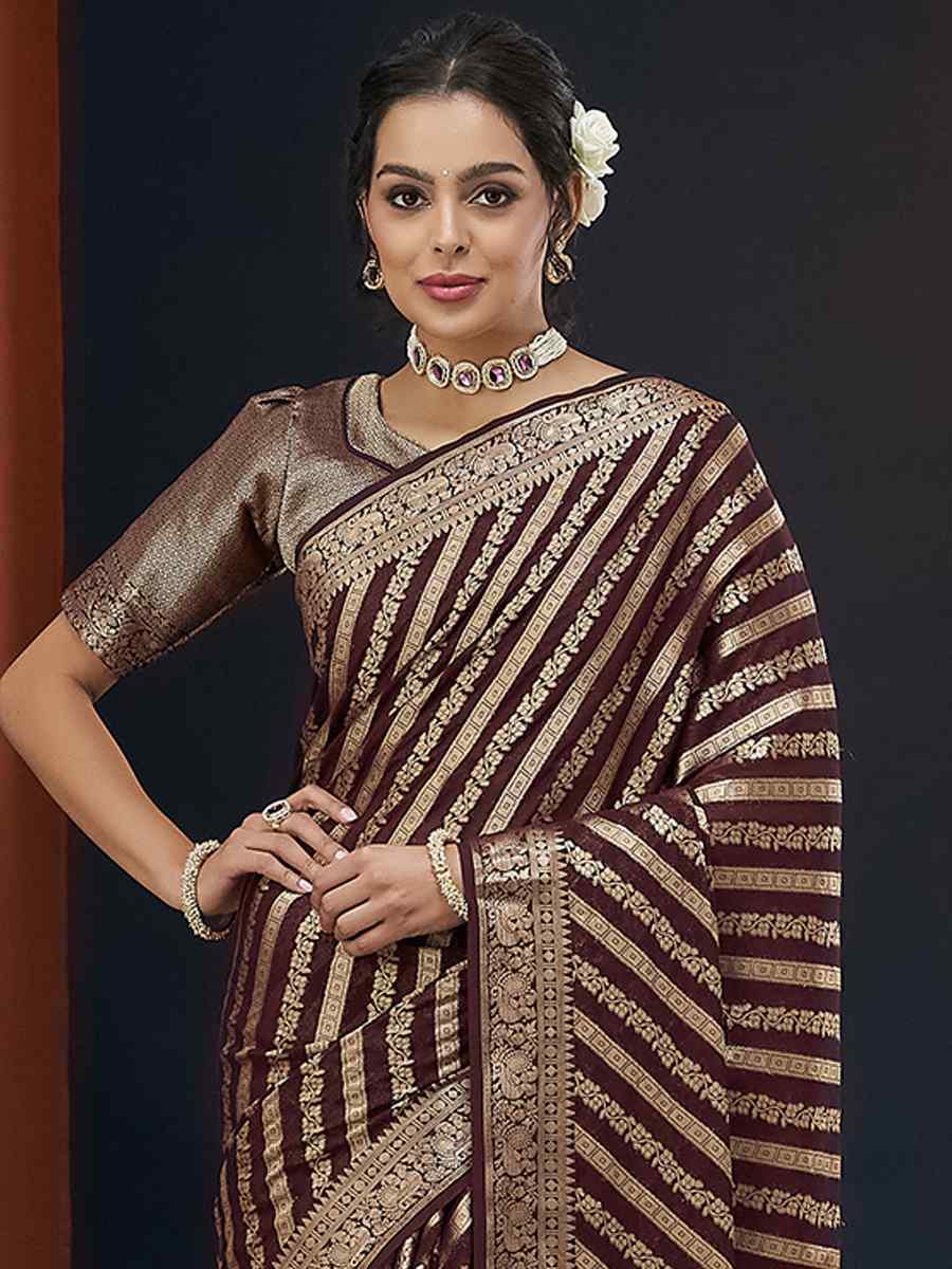 Wine Pure Georgette Handwoven Festival Wedding Heavy Border Saree