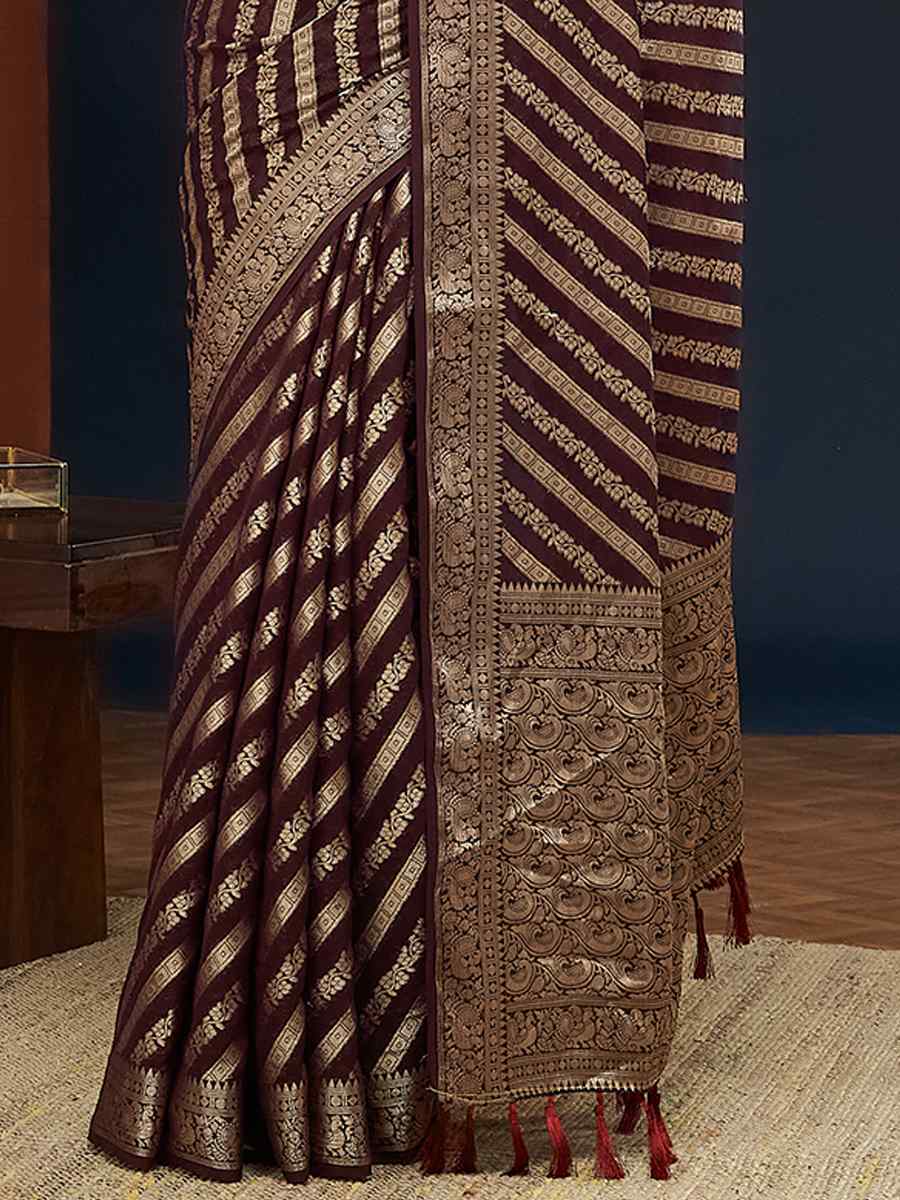 Wine Pure Georgette Handwoven Festival Wedding Heavy Border Saree