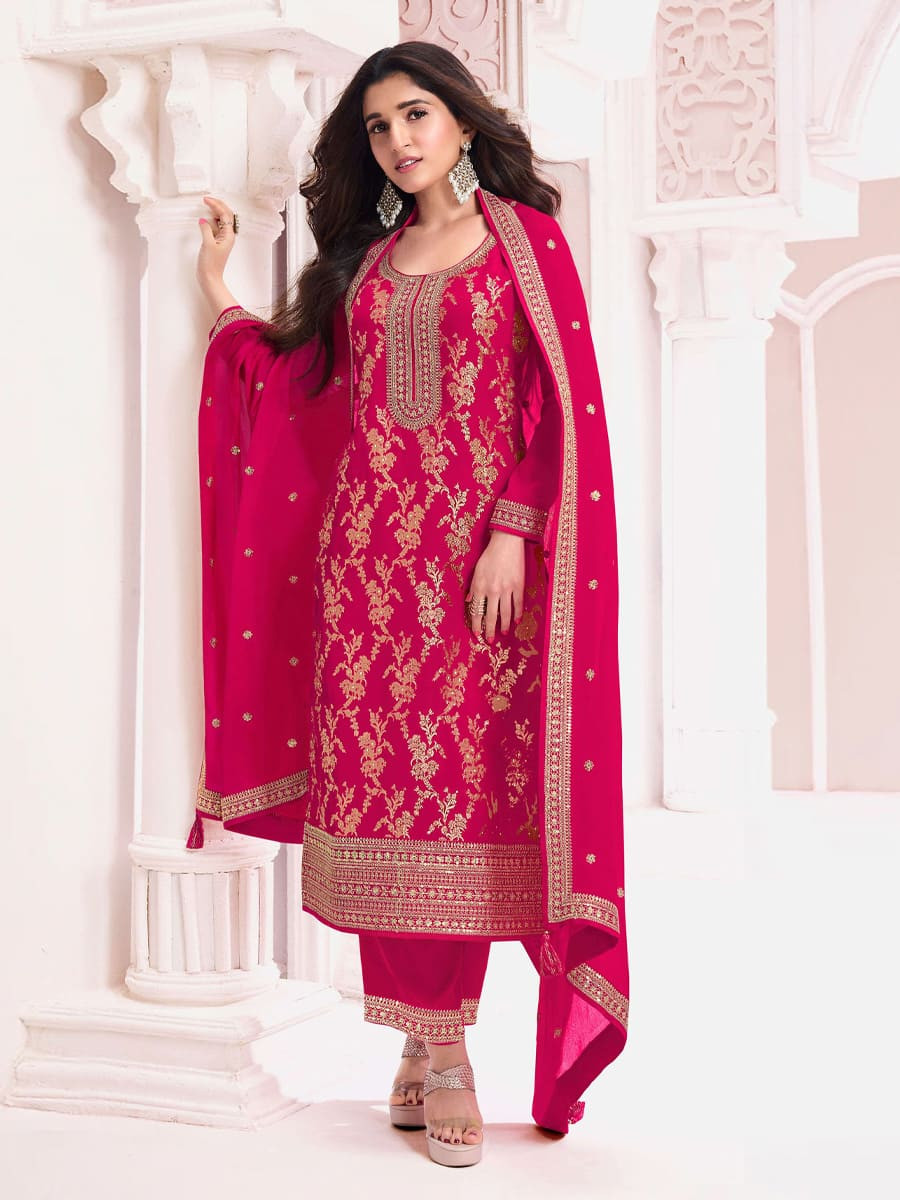 Wine Pure jacquard Viscose Embroidered Festival Casual Pant Salwar Kameez