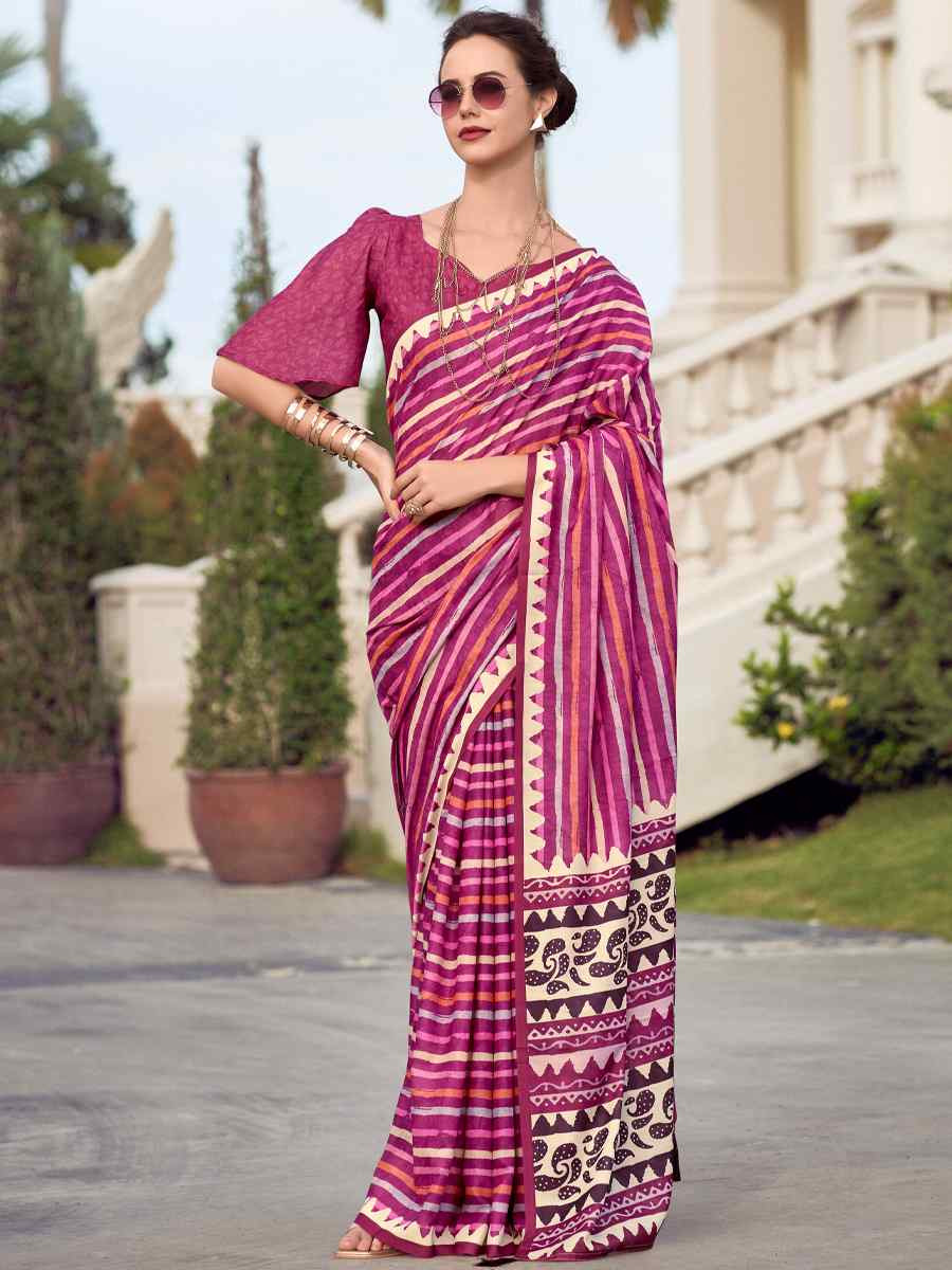 Wine Pure Mal Mal Silk Printed Festival Casual Contemporary Saree