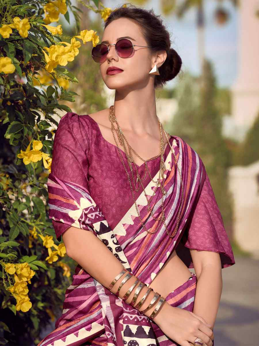 Wine Pure Mal Mal Silk Printed Festival Casual Contemporary Saree