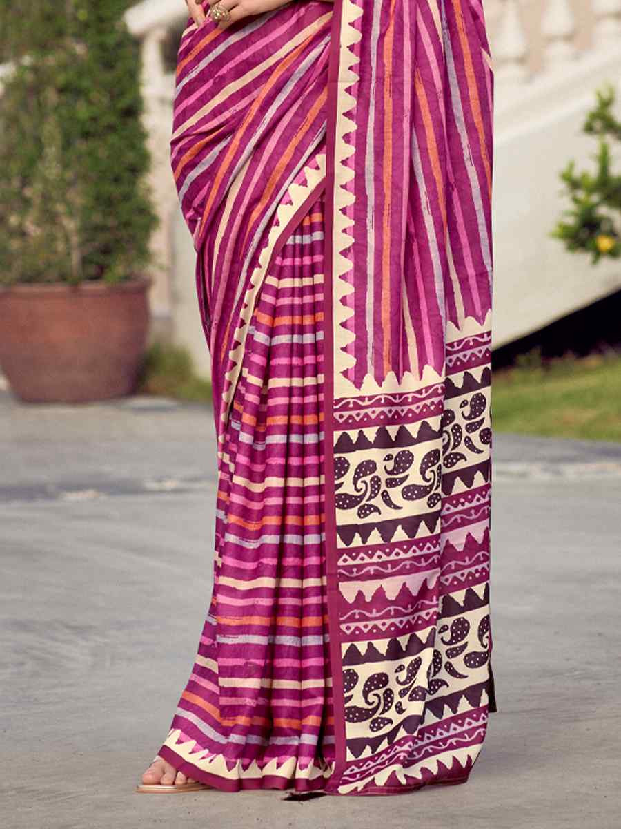 Wine Pure Mal Mal Silk Printed Festival Casual Contemporary Saree