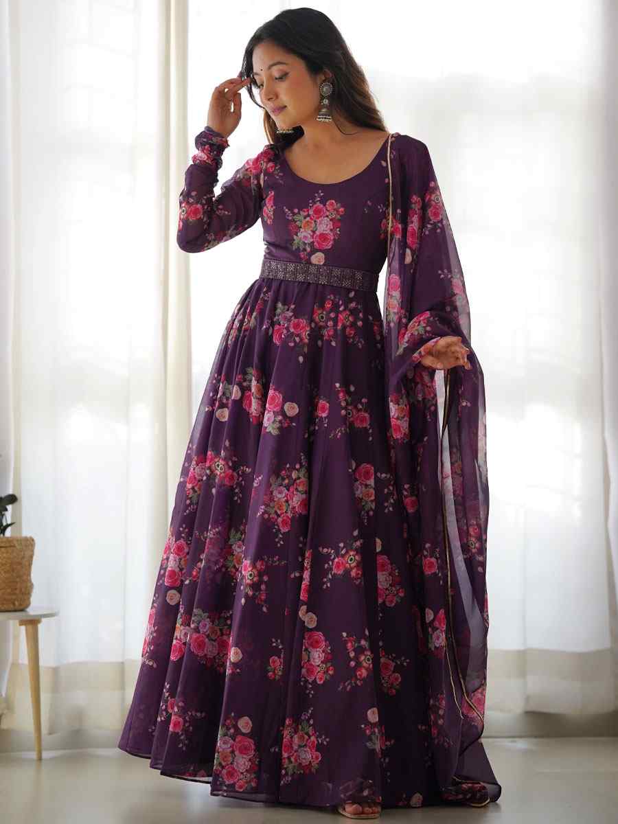 Wine Pure Organza Silk Printed Festival Party Ready Anarkali Salwar Kameez