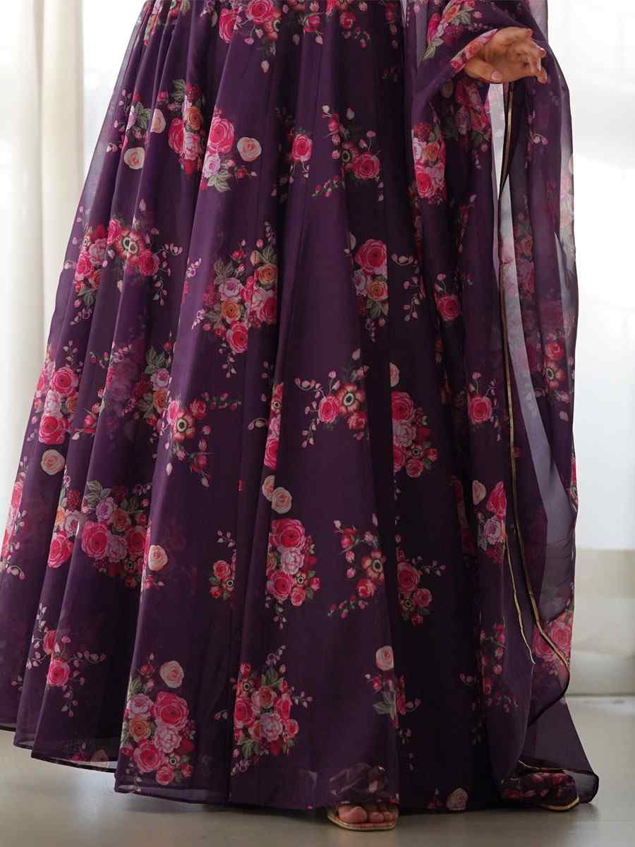 Wine Pure Organza Silk Printed Festival Party Ready Anarkali Salwar Kameez