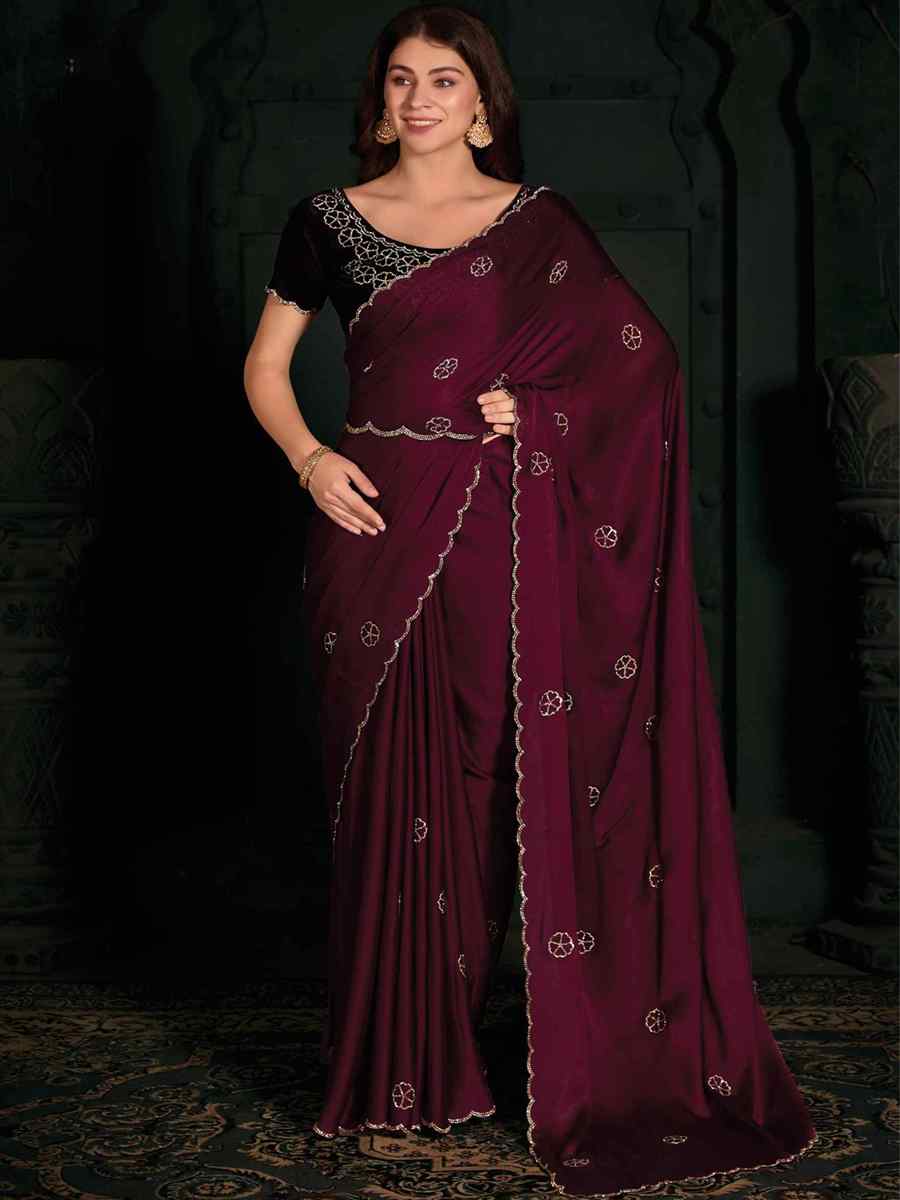 Wine Pure Satin Handwoven Wedding Festival Heavy Border Saree