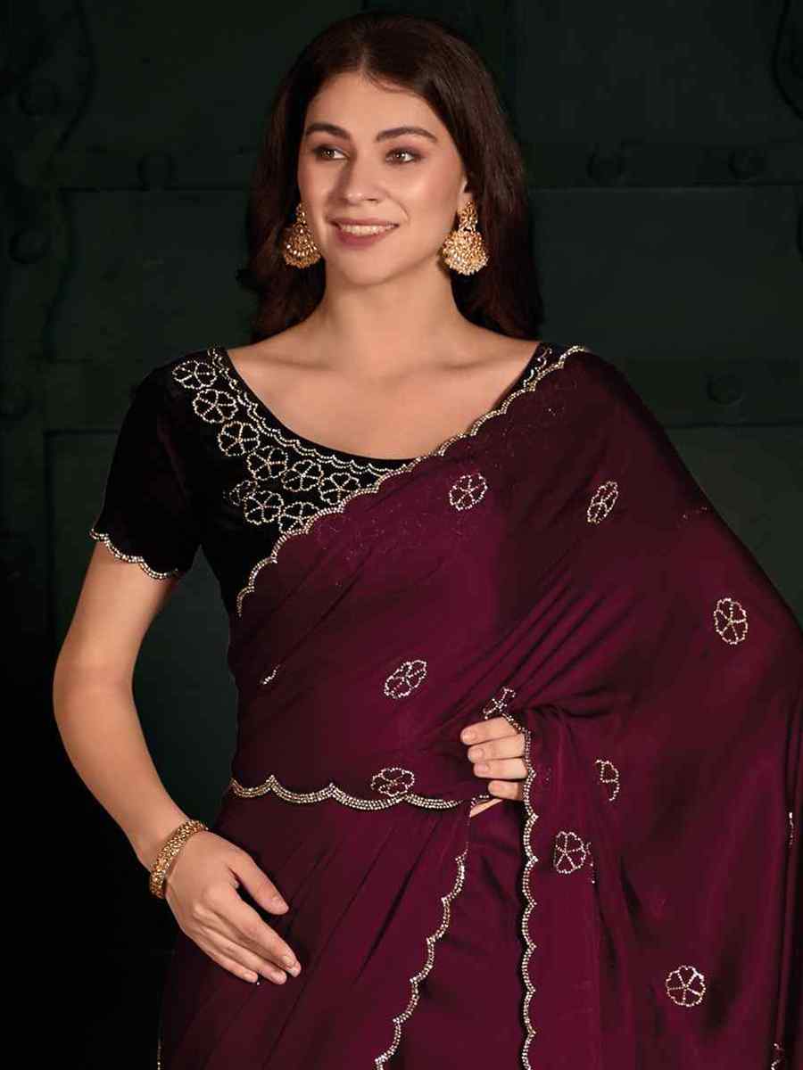 Wine Pure Satin Handwoven Wedding Festival Heavy Border Saree