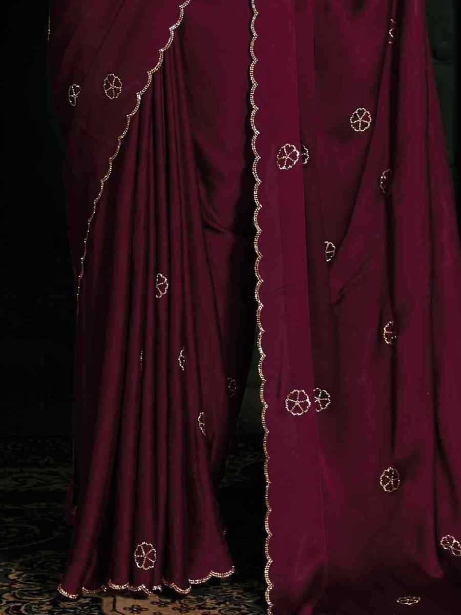 Wine Pure Satin Handwoven Wedding Festival Heavy Border Saree