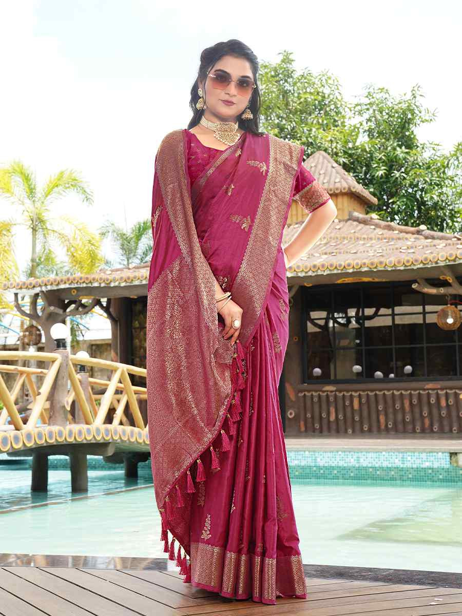 Wine Pure Satin Silk Handwoven Festival Wedding Heavy Border Saree