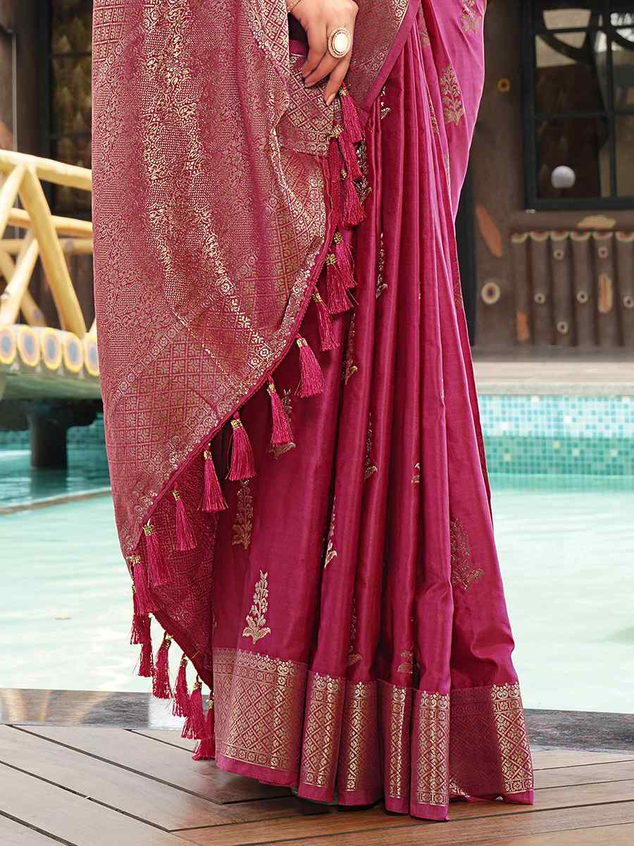 Wine Pure Satin Silk Handwoven Festival Wedding Heavy Border Saree