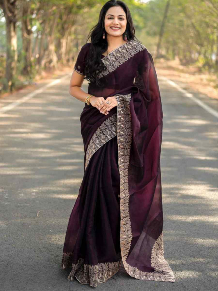 Wine Pure Soft Burberry Silk Embroidered Festival Wedding Heavy Border Saree