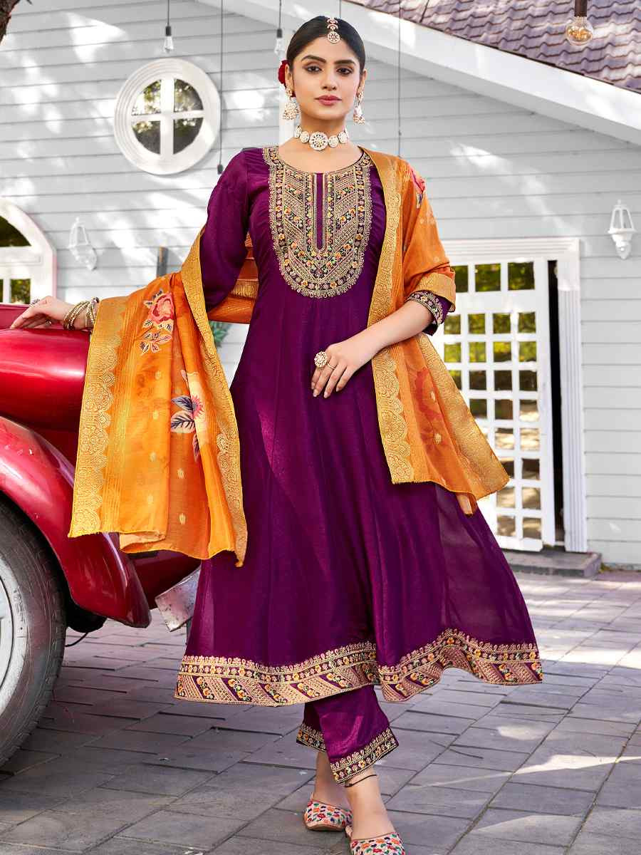 Wine Pure Viscose Vichitra Silk Embroidered Festival Casual Anarkali Ready Salwar Kameez