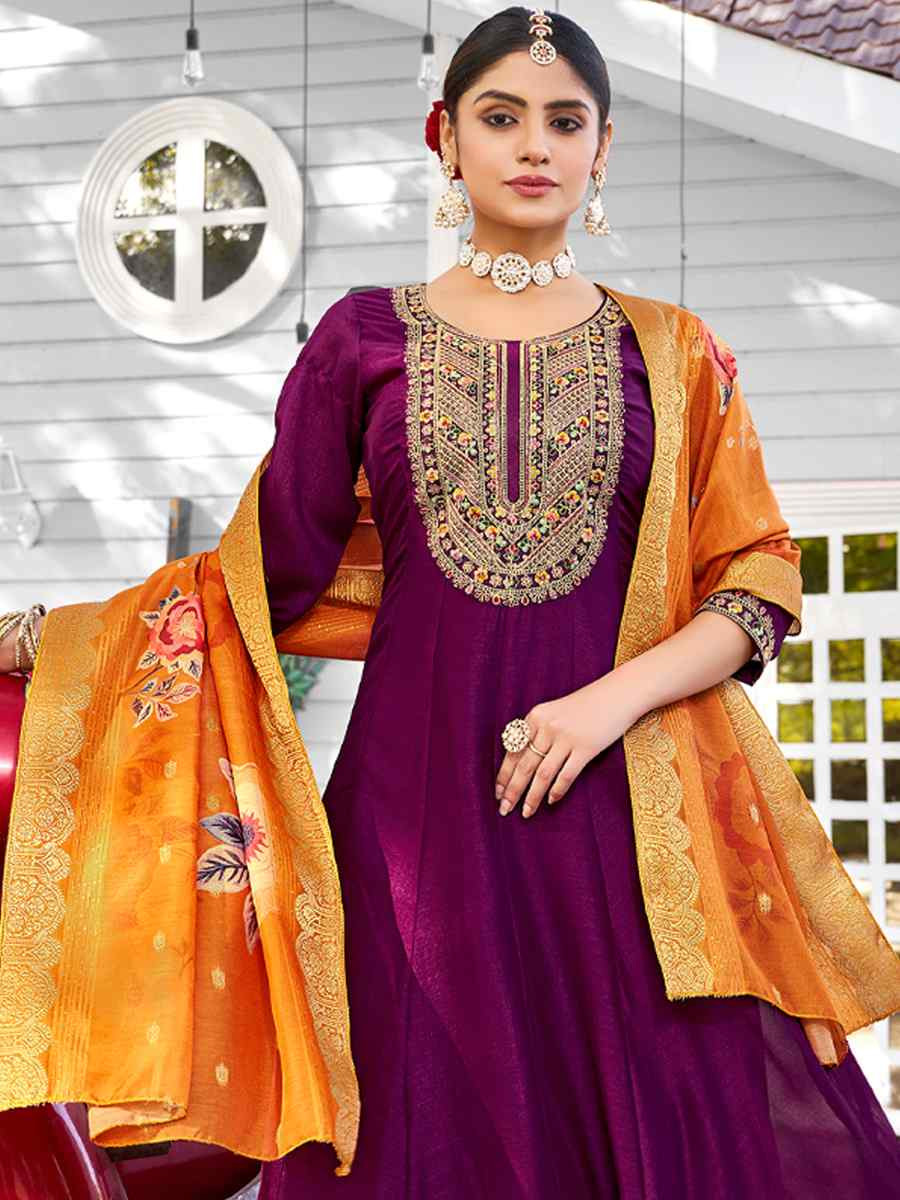 Wine Pure Viscose Vichitra Silk Embroidered Festival Casual Anarkali Ready Salwar Kameez