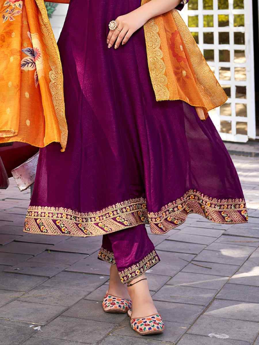 Wine Pure Viscose Vichitra Silk Embroidered Festival Casual Anarkali Ready Salwar Kameez