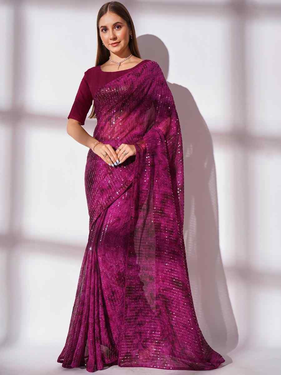 Wine Purple Georgette Sequins Party Festival Classic Style Saree