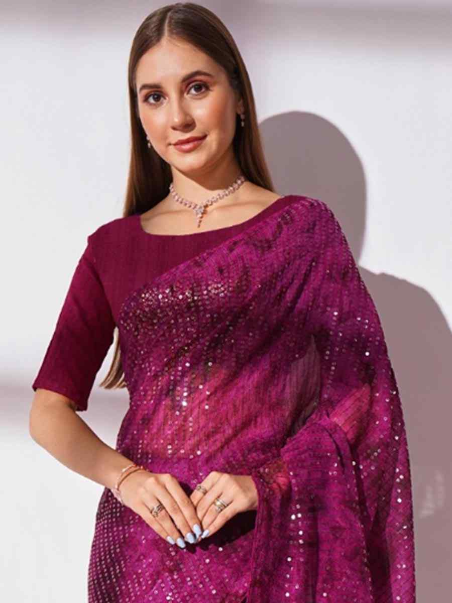 Wine Purple Georgette Sequins Party Festival Classic Style Saree