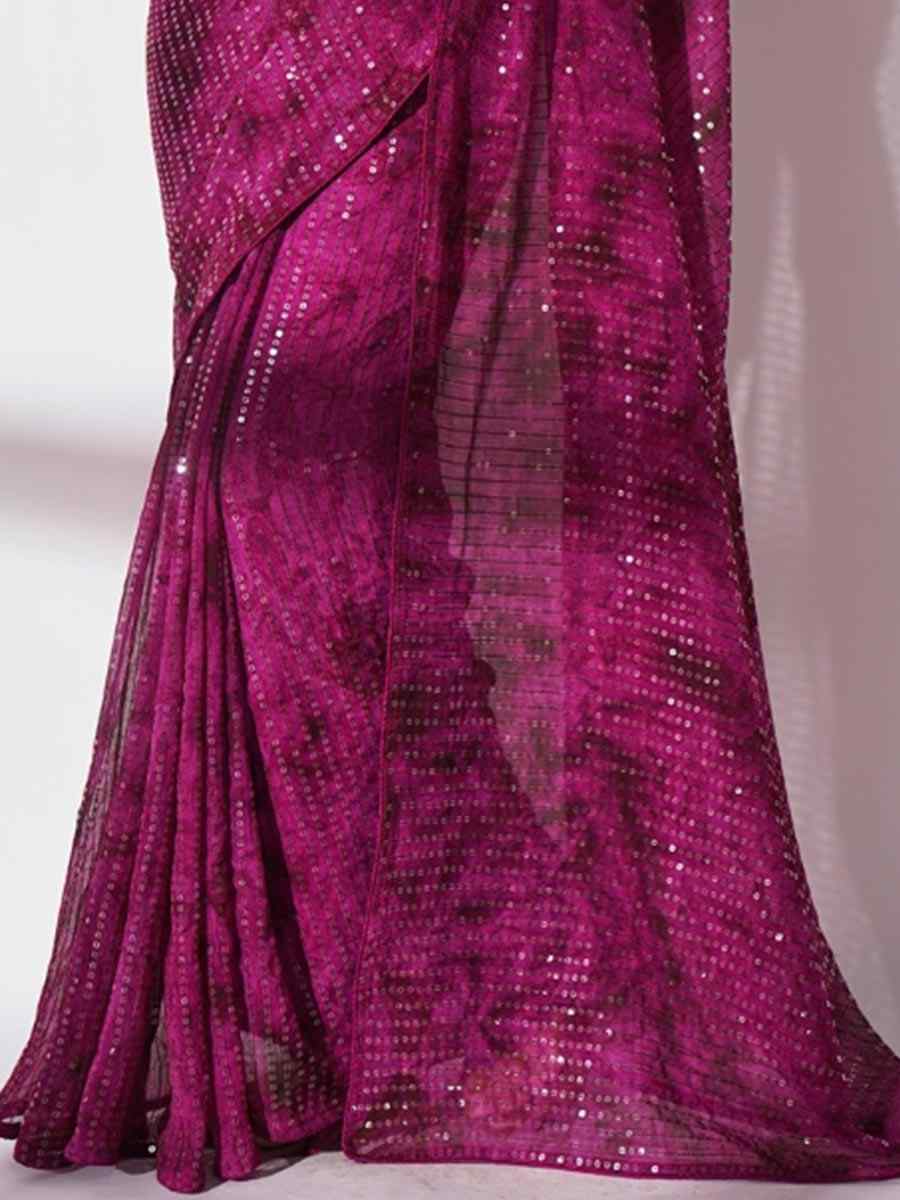 Wine Purple Georgette Sequins Party Festival Classic Style Saree