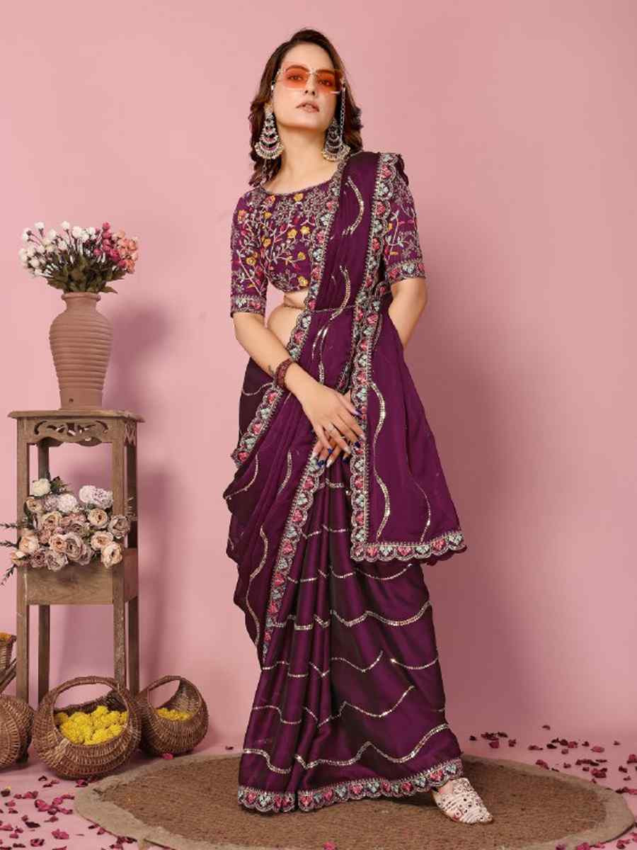 Wine Rangoli Silk Embroidered Festival Party Classic Style Saree