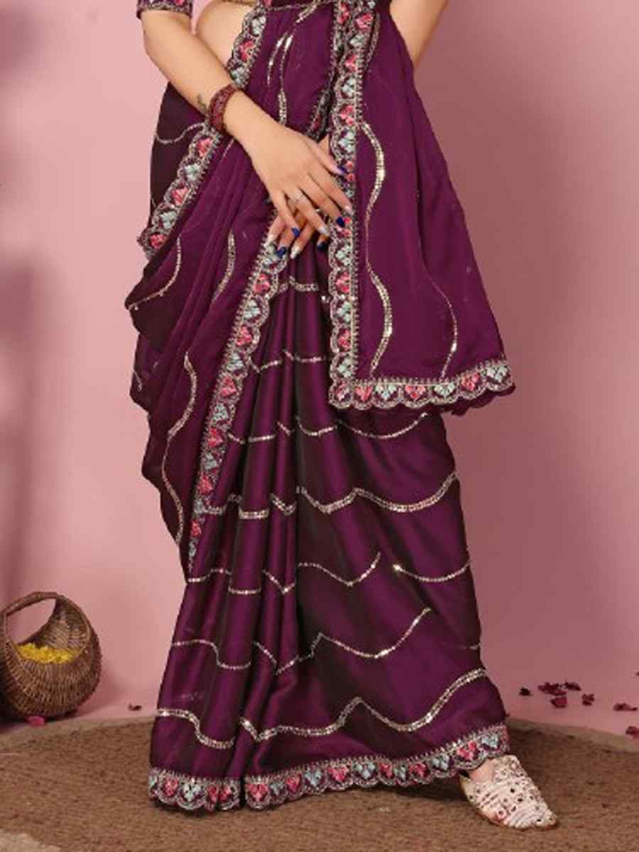 Wine Rangoli Silk Embroidered Festival Party Classic Style Saree