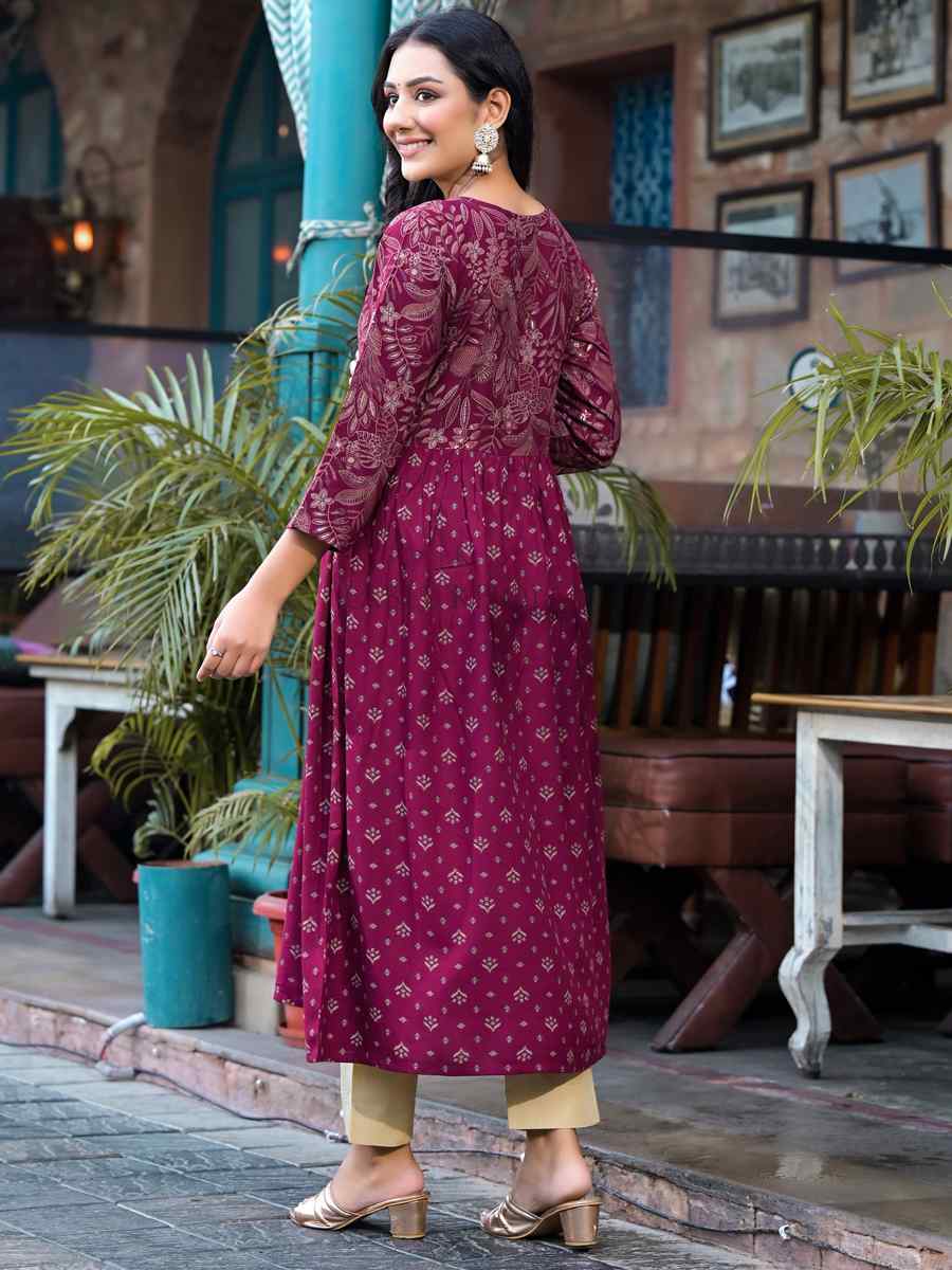 Wine Rayon Embroidered Festival Casual Gown