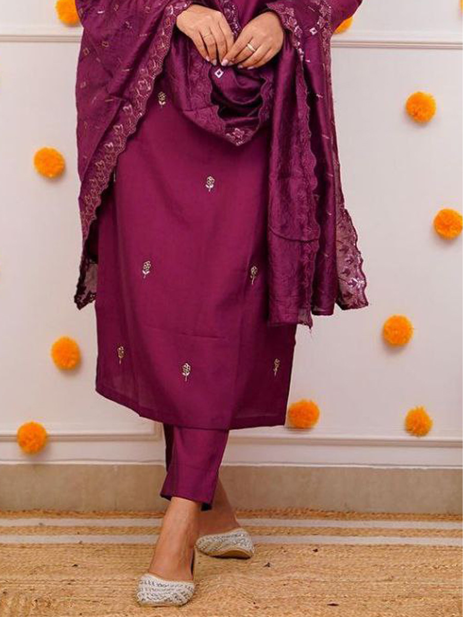 Wine Roman Silk Embroidered Festival Mehendi Ready Pant Salwar Kameez