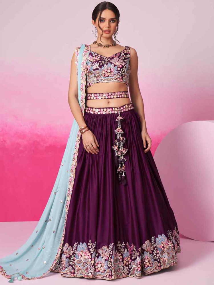 Wine Satin Embroidered Bridesmaid Wedding Heavy Border Lehenga Choli