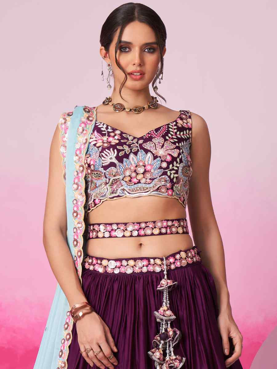 Wine Satin Embroidered Bridesmaid Wedding Heavy Border Lehenga Choli