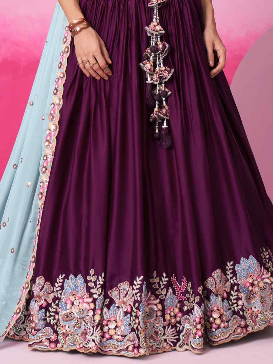 Wine Satin Embroidered Bridesmaid Wedding Heavy Border Lehenga Choli