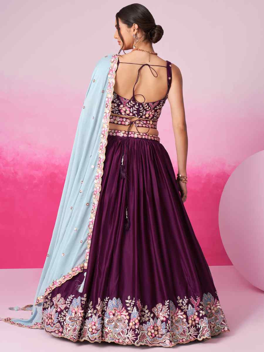 Wine Satin Embroidered Bridesmaid Wedding Heavy Border Lehenga Choli