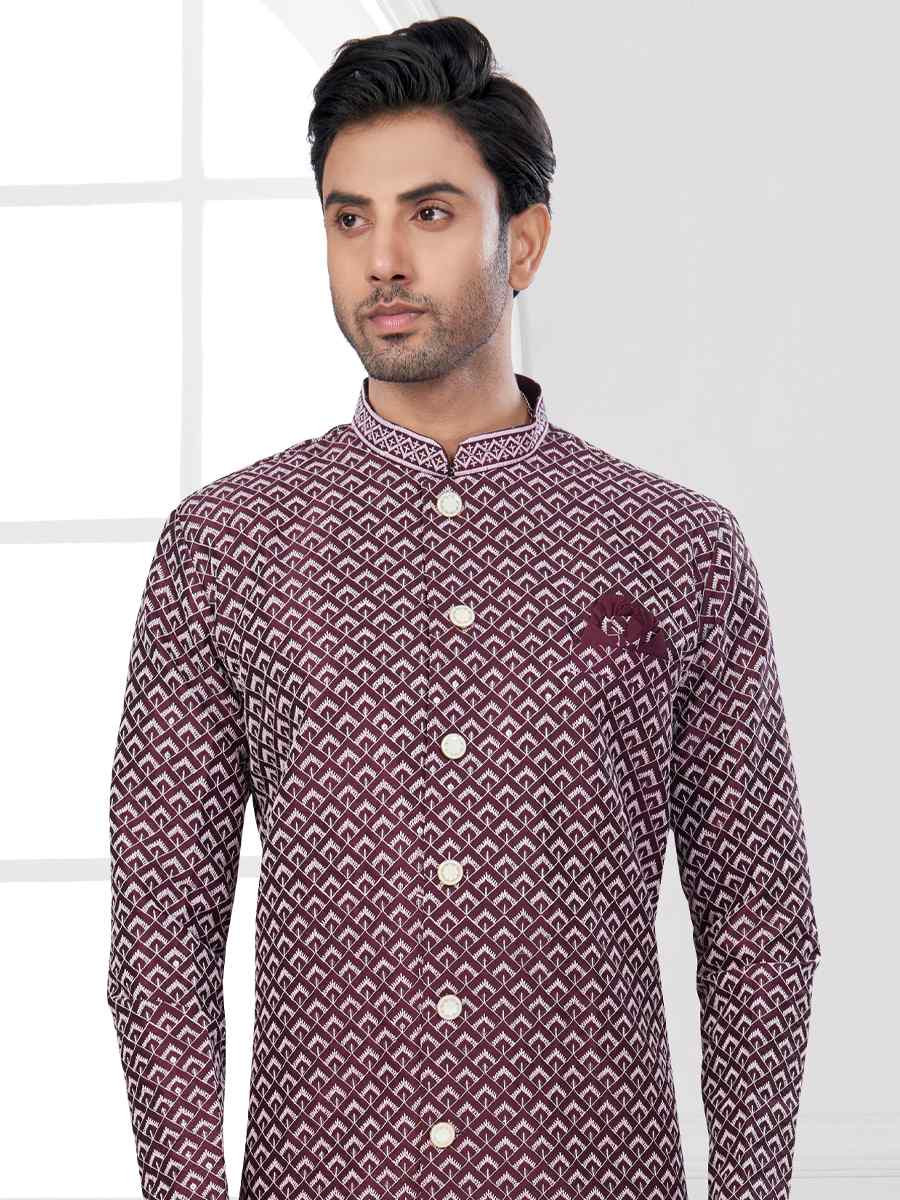 Wine Silk Dupion Embroidered Festival Wedding Sherwani