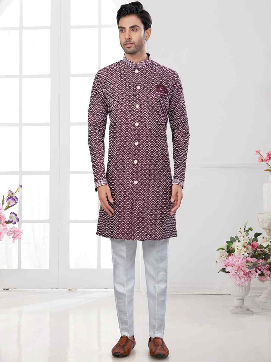 Wine Silk Dupion Embroidered Festival Wedding Sherwani