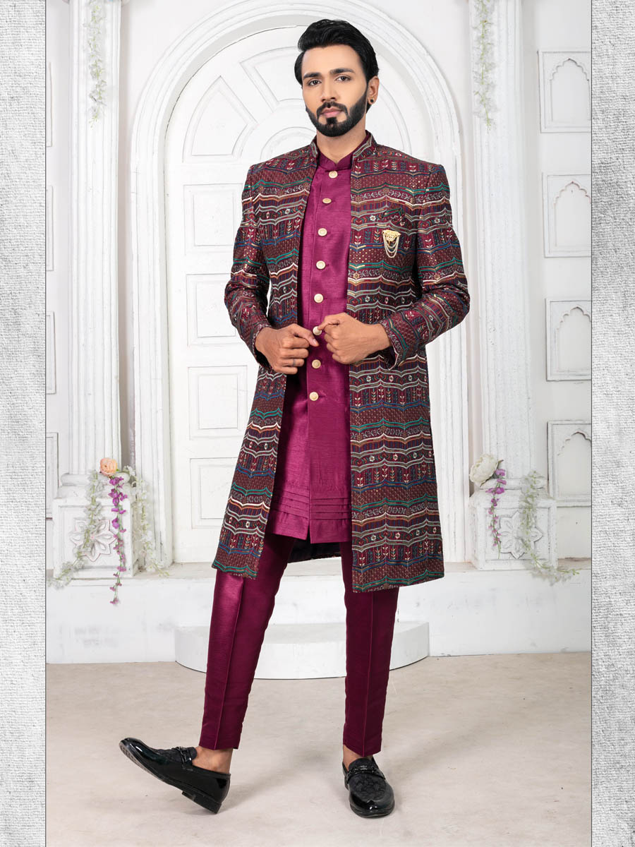 Wine Silk Embroidered Wedding Groom Sherwani