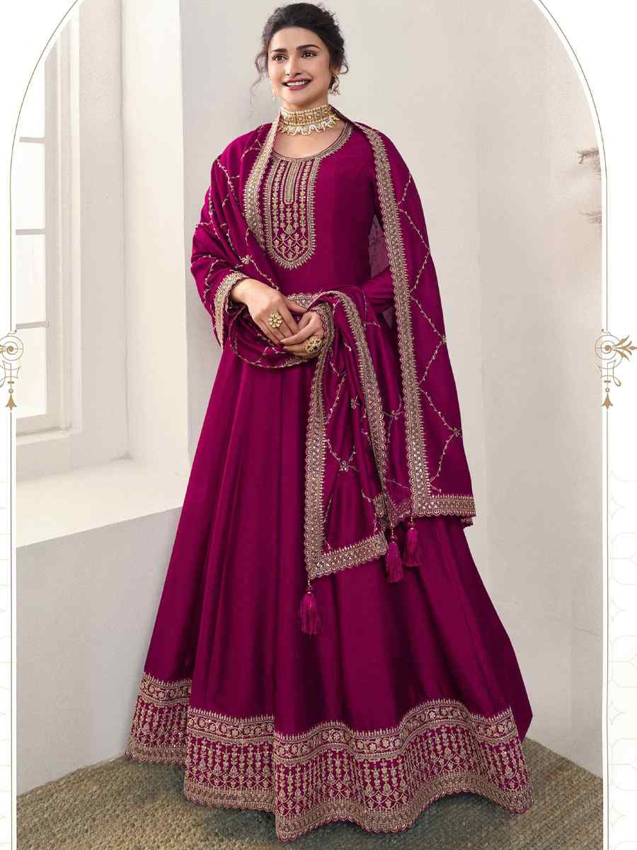 Wine Silk Georgette Embroidered Festival Mehendi Gown