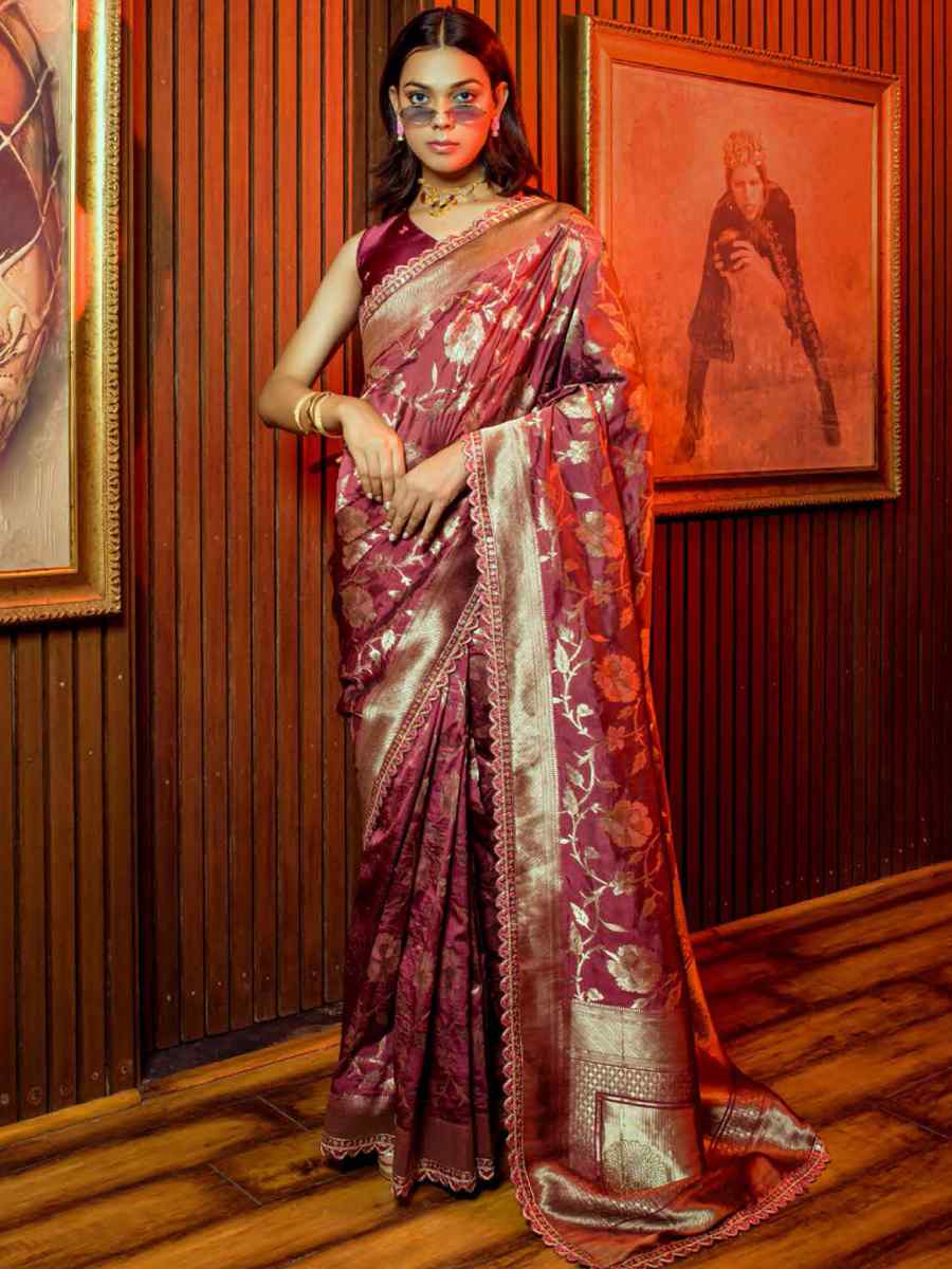 Wine Silk Handwoven Festival Wedding Heavy Border Saree