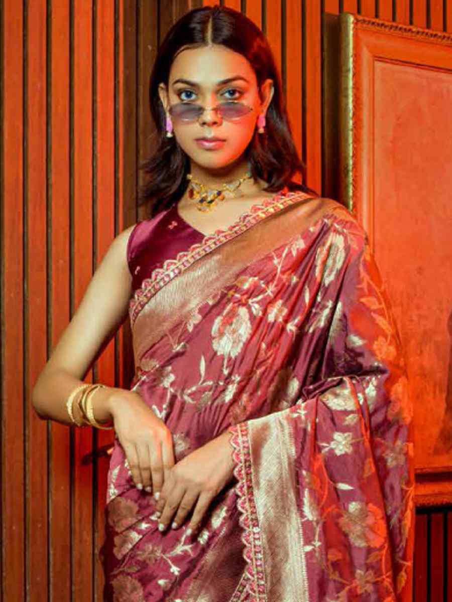 Wine Silk Handwoven Festival Wedding Heavy Border Saree