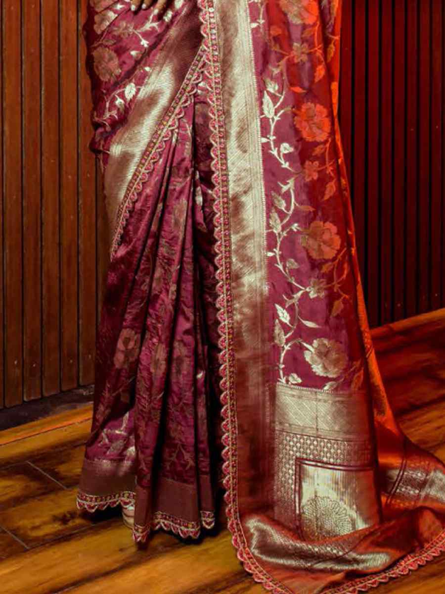 Wine Silk Handwoven Festival Wedding Heavy Border Saree