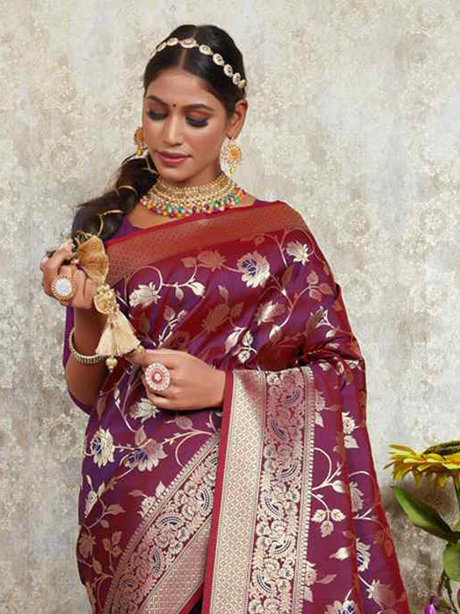 Wine Silk Handwoven Wedding Festival Heavy Border Saree