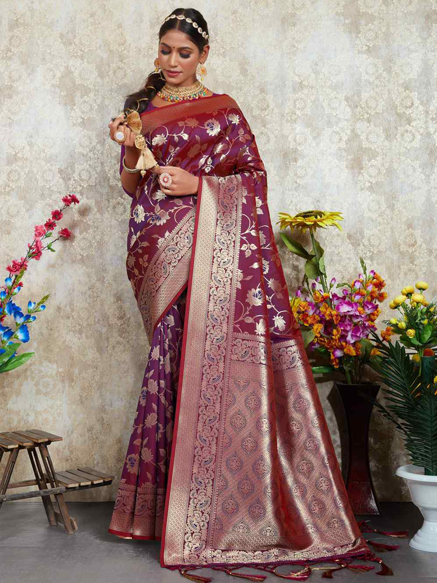 Wine Silk Handwoven Wedding Festival Heavy Border Saree