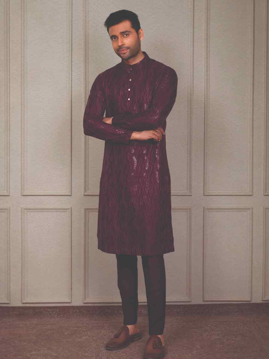 Wine Silk Woven Party Wedding Kurta