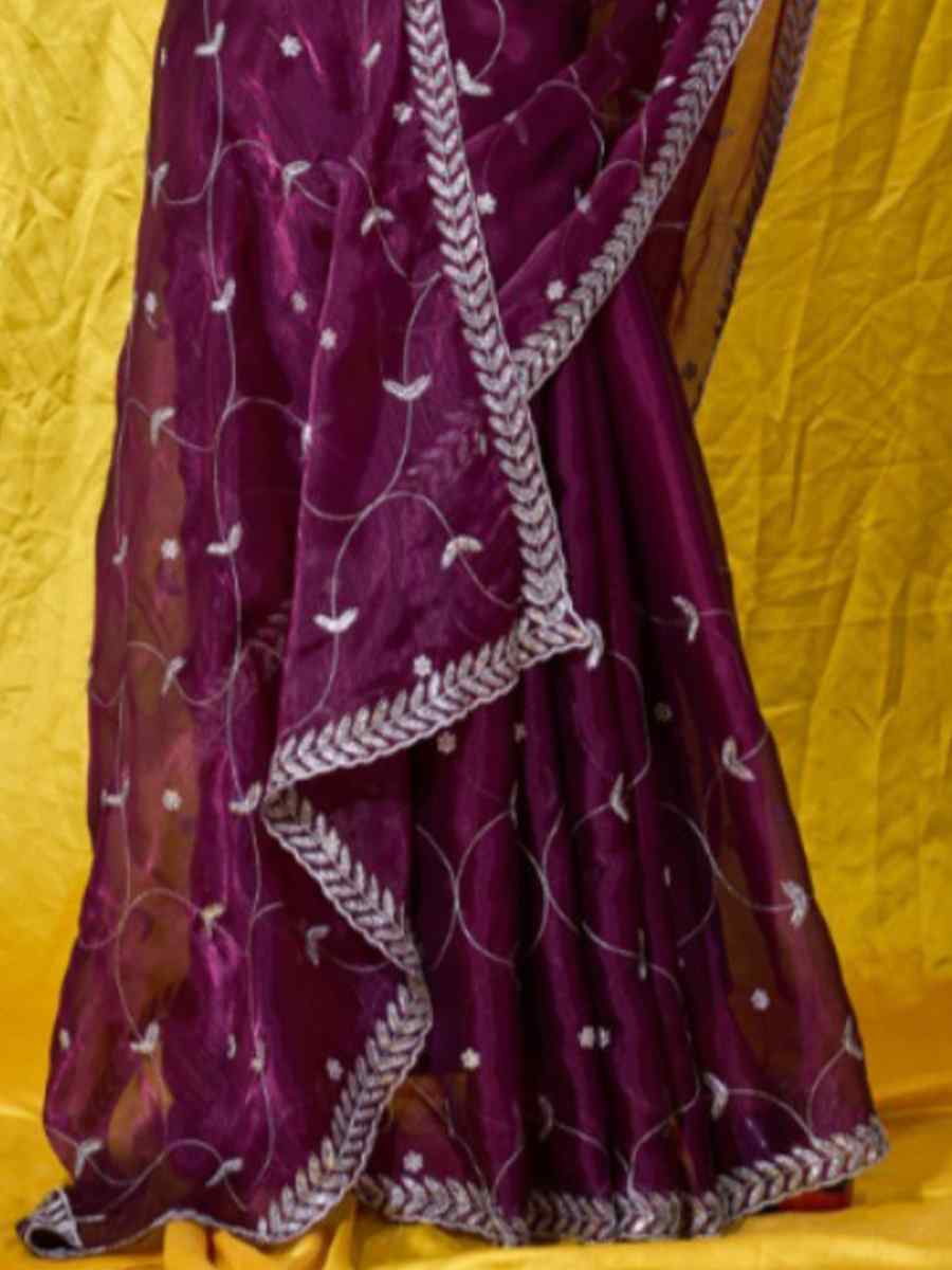 Wine Soft Burberry Embroidered Party Reception Heavy Border Saree