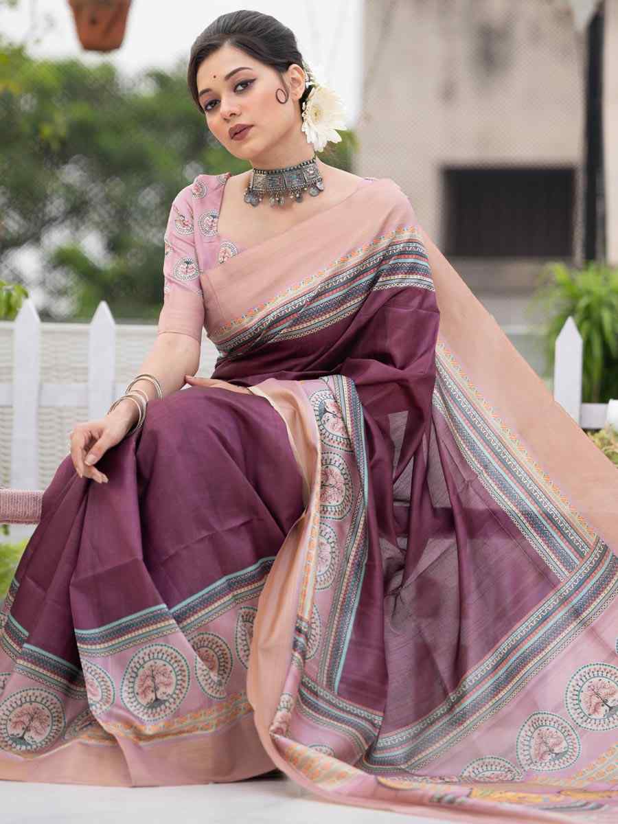 Wine Soft Tussar Silk Handwoven Casual Festival Heavy Border Saree