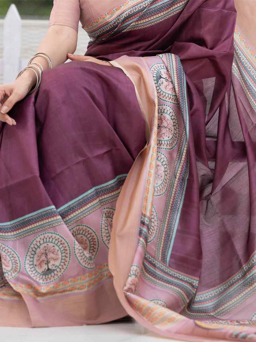 Wine Soft Tussar Silk Handwoven Casual Festival Heavy Border Saree